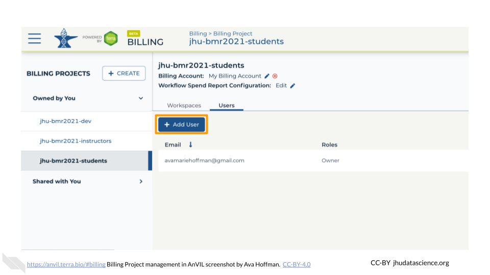 Screenshot of the AnVIL Billing page. The student Billing project, in this case jhu-bmr2021-students, has been selected and the "+Add User" button is highlighted.