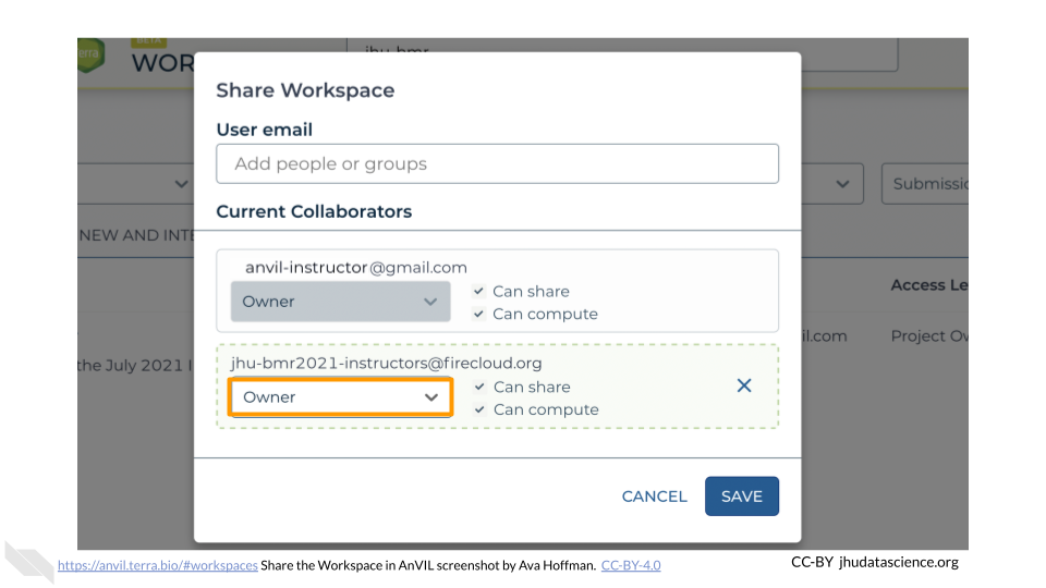 Screenshot of the share Workspace pop out box. The instructor Group, in this case jhu-bmr2021-instructors@firecloud.org, has been added as a collaborator. The permissions are highlighted and show that role has been set to "Owner".