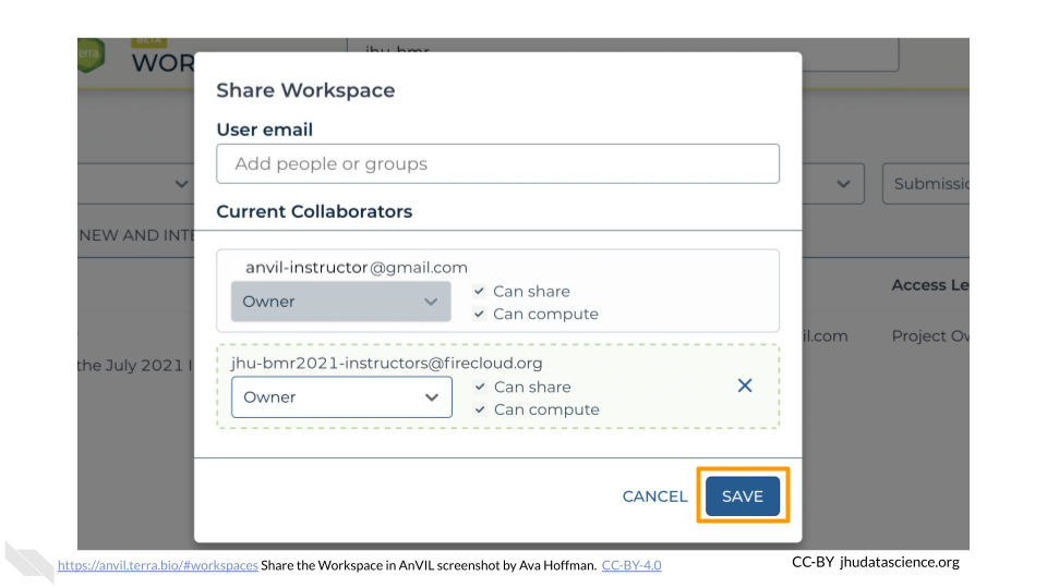 Screenshot of the share Workspace pop out box. The instructor Group email has been added with permissions correctly set. The "SAVE" button is highlighted.
