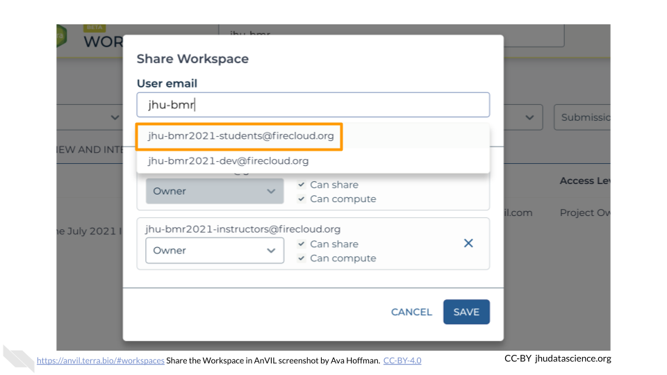 Screenshot of the share Workspace pop out box. The text "jhu-bmr" has been entered in the User email box and the dropdown below has been automatically filtered to reveal the student and dev Groups. The student Group, in this case jhu-bmr2021-students@firecloud.org, has been highlighted.