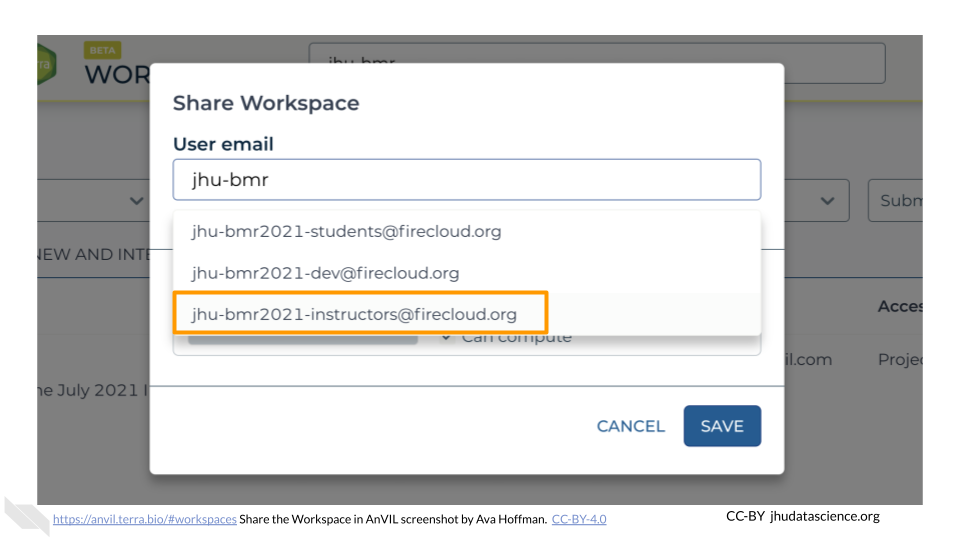 Screenshot of the share Workspace pop out box. The text "jhu-bmr" has been entered in the User email box and the dropdown below has been automatically filtered to reveal the instructor, student, and dev Groups. The instructor Group, in this case jhu-bmr2021-instructors@firecloud.org, has been highlighted.