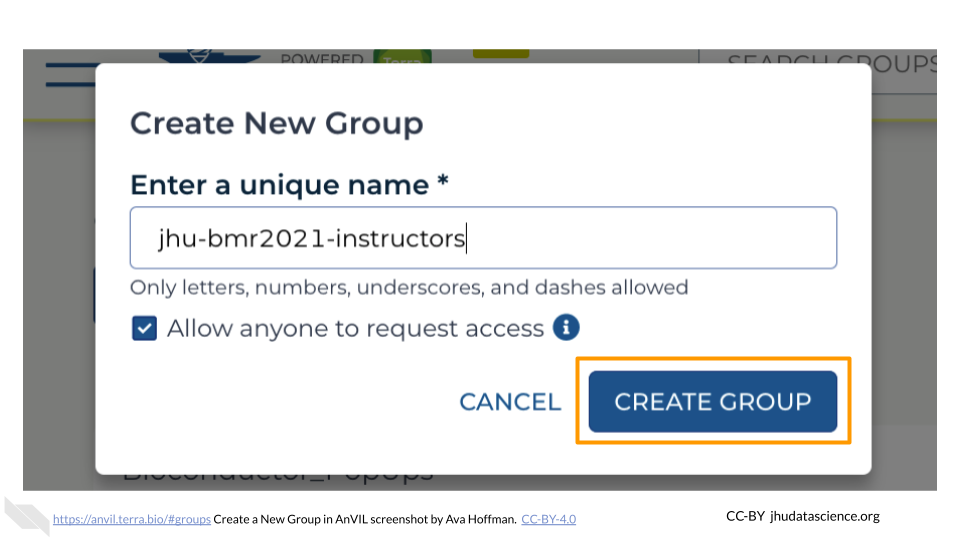 Screenshot of the Terra Group page with Create New Group pop out box. The Group name, jhu-bmr2021-instructors, has been entered and the "CREATE GROUP" button is highlighted.