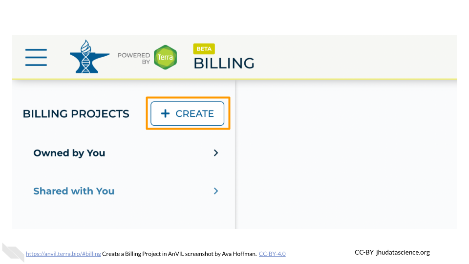 Screenshot of the Terra Billing page. The "+CREATE" button is highlighted.