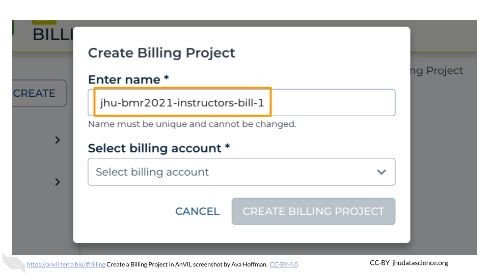 Screenshot of the Terra Billing page with Create Billing Project pop out box. The new billing project name, jhu-bmr2021-instructors-bill-1, is highlighted.