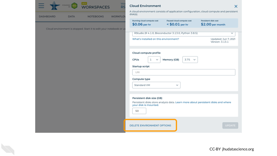 Screenshot of the cloud environment popout. "Delete environment options" is highlighted.