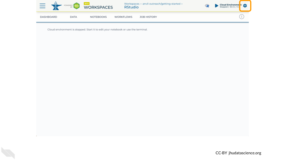 Screenshot of the Workspace page. The gear icon on the top right that updates the cloud environment is highlighted.