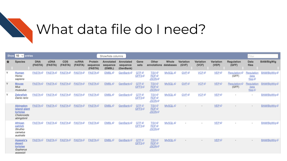 Reference genomes are often used to make sense of genomic data through comparison. Here we are showing a screenshot of Ensembl's website which has many different organisms and file types