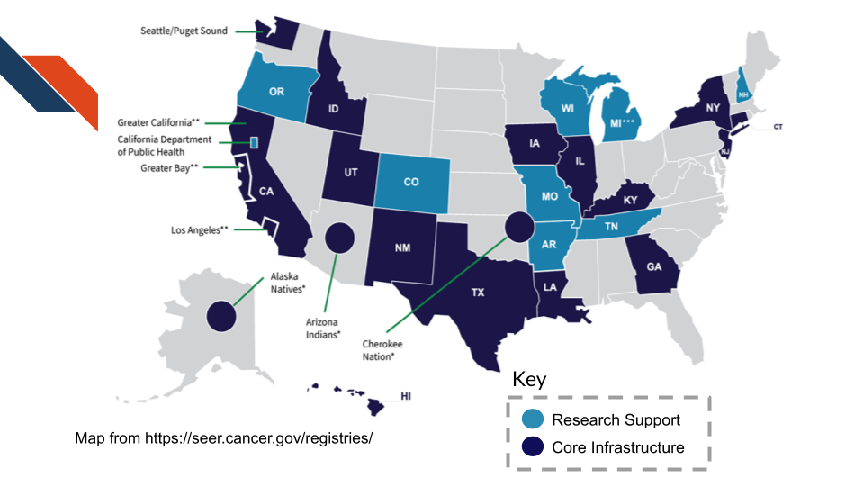 Map of SEER registries, retrieved from https://seer.cancer.gov/registries/ in August 2026