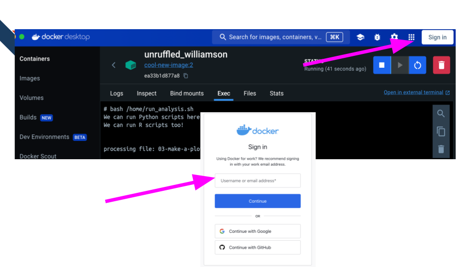 This image shows how to sign into your docker account through your docker desktop