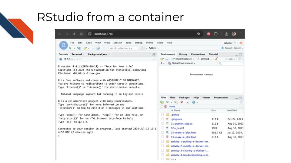 This shows an example of using RStudio from a container.