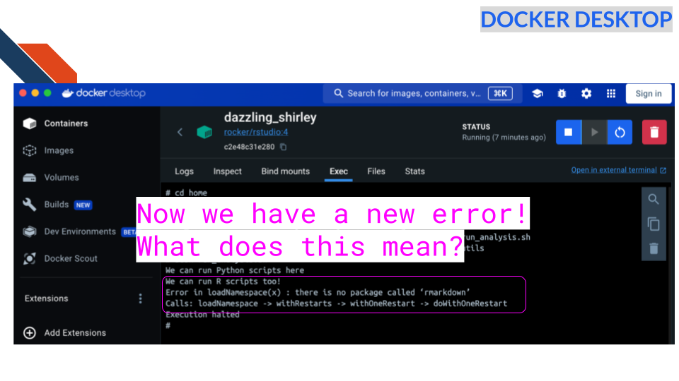 Now we have a new error. Error in loadnamespace(x) there is no package called rmarkdown. What do we think this means?