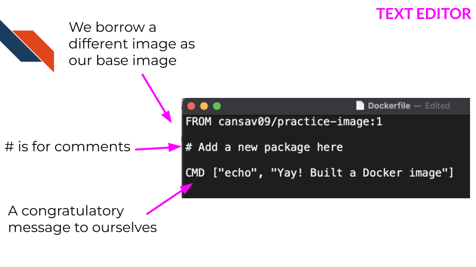 We borrow a different image as our base image using the FROM command. In our dockerfile # is for putting comments. And here we have. CMD command which will run upon using the image with docker run