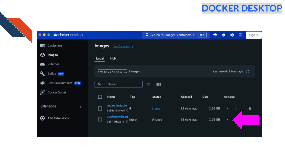 We can run the container same way as before by clicking the play button next to the image name in docker desktop