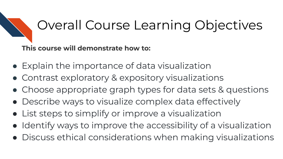 This course will demonstrate how to explain the importance of data visualization, contrast exploratory and expository visualizations, choose appropriate graph types based on your dataset and question, list steps to simplify or improve a visualization to enhance clarity, identify ways to improve the accessibility of a visualization, and how to discuss ethical considerations when making data visualizations