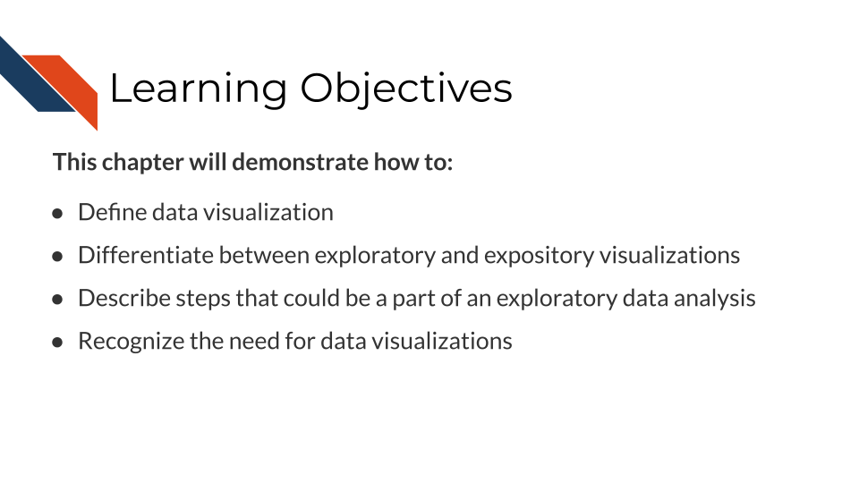 This chapter will demonstrate how to define data visualization, differentiate between exploratory and expository visualizations, describe steps that could be a part of an exploratory data analysis, and recognize the need for data visualizations.