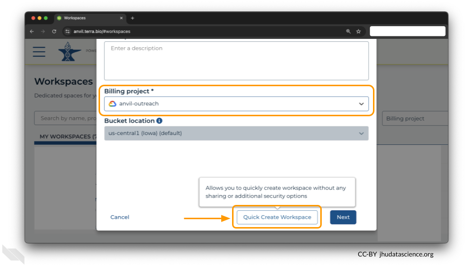 The 'anvil-outreach' billing project is used here as an example, but you don't have permission to use it. You’ll have to use one of your own. After filling out these two fields, click the 'Quick Create Workspace' to create your workspace without enabling sharing or additional security options.