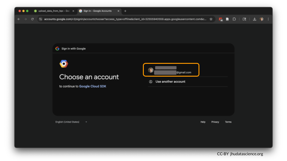 Select the Google account you are using on AnVIL.