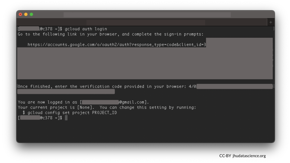 Once the code has been entered at command line, the interface will tell you that you are logged in under the email you provided.