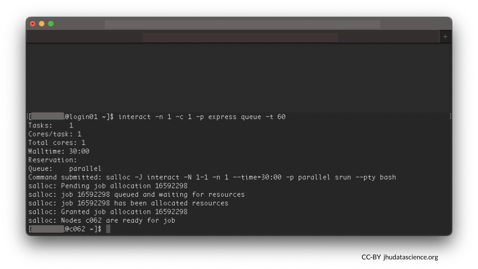Launch command for the interactive node on the JHU Rockfish cluster.