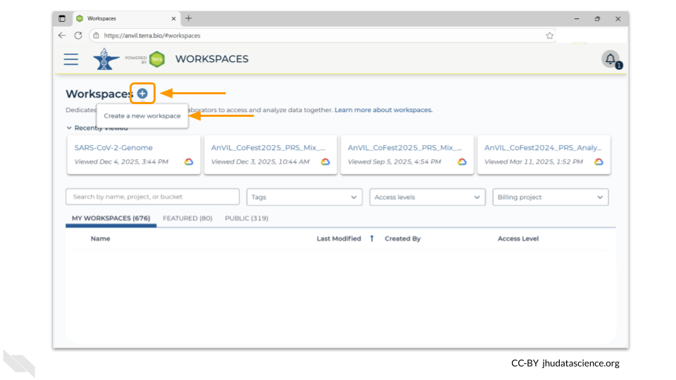 Create a new workspace by clicking on the plus sign at the top.