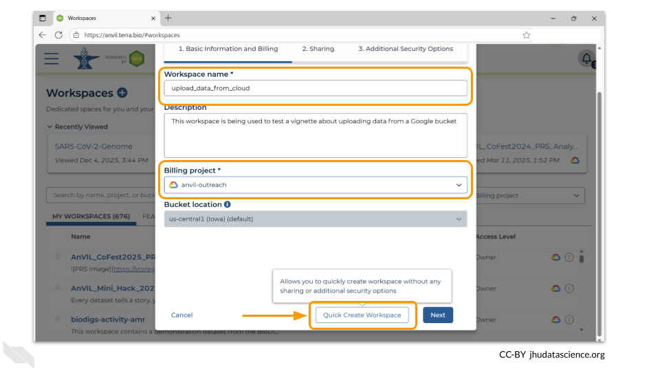 You will need to give your new workspace a unique name and assign it to a billing project. The “anvil-outreach” billing project is used here as an example, but you don't have permission to use it. You’ll have to use one of your own. After filling out these two fields, click the “Quick Create Workspace” to create your workspace without enabling sharing or additional security options.