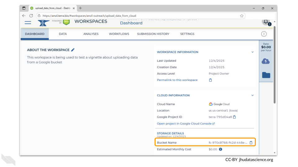 The dashboard page of your new workspace shows information about the workspace on the right-hand side. You will want to copy the bucket name from here. This is the bucket where all information associated with this workspace is stored.
