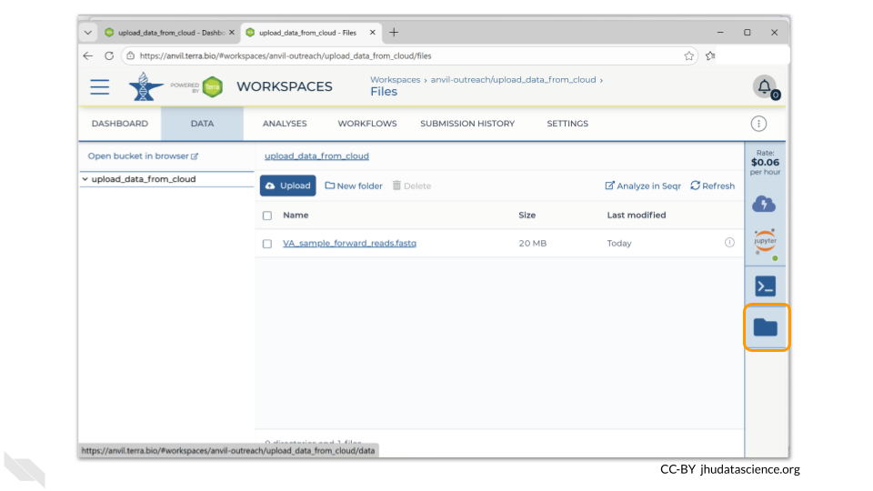 Image shows a screenshot of the workspace Data tab. The Files directory and link on the bottom left is highlighted.