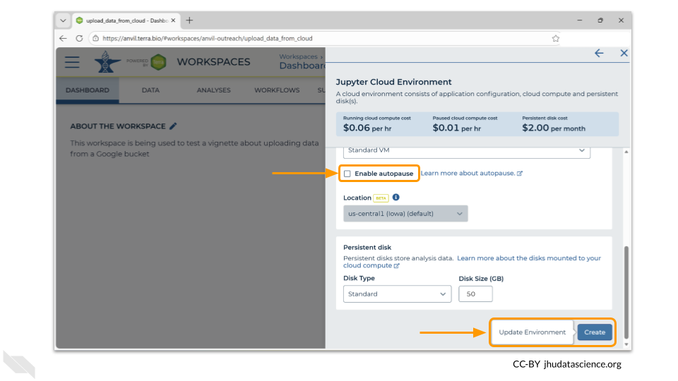 Make sure to deselect the Enable Autopause option if your file transfer will take a long time. When you're ready, create your environment by clicking the Create button at the bottom.