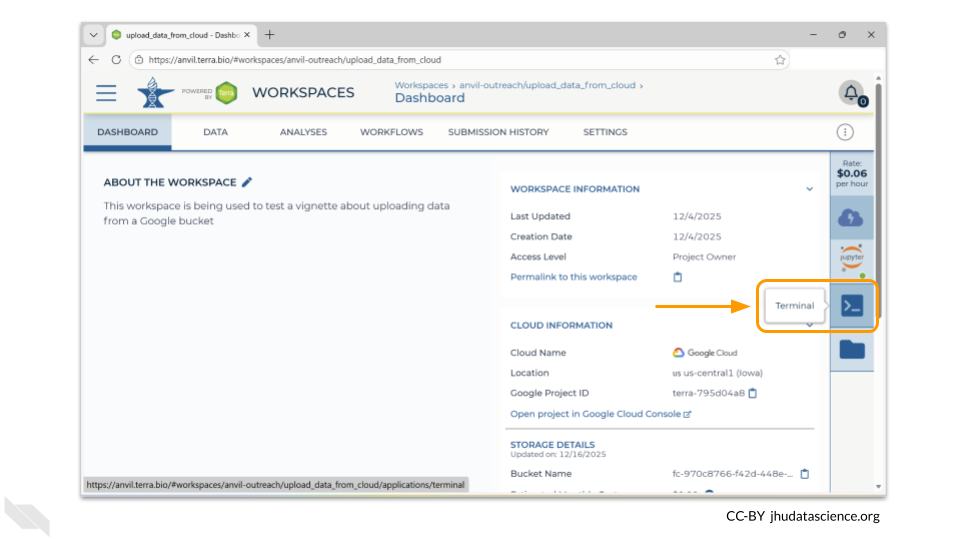 The terminal window can be opened by clicking on the icon underneath the Jupyter logo on the right-hand menu.