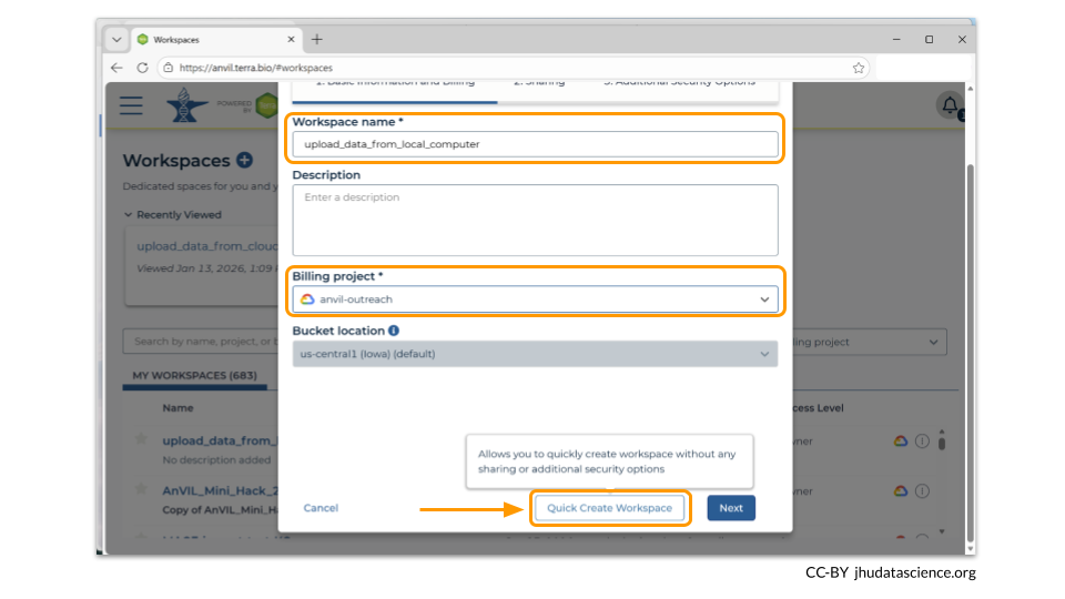 You will need to give your new workspace a unique name and assign it to a billing project. The “anvil-outreach” billing project is used here as an example, but you don't have permission to use it. You’ll have to use one of your own. After filling out these two fields, click the “Quick Create workspace” to create your workspace without enabling sharing or additional security options.