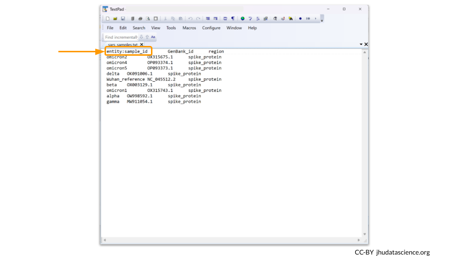 Your metadata file should be saved as a tsv. The first line needs to contain the column names for the metadata. Additionally, the first column should be called entity:sample_id. Each sample ID should match the name of the files you uploaded earlier. Remember to use tabs between each column.