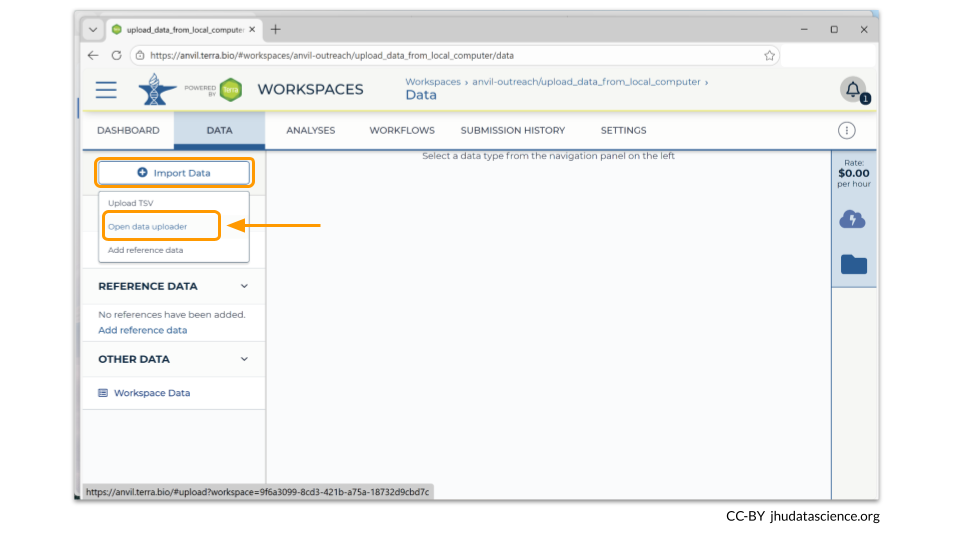 You can access the Data Uploader through the data tab on your workspace. Data Uploader is one of the options given in the Import Data menu.