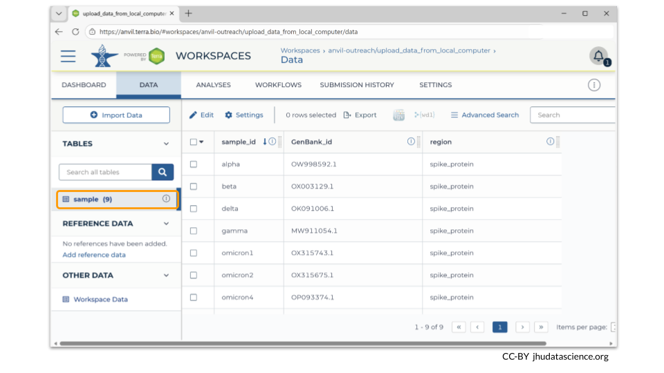 Once the metadata has been uploaded, you will be able to see it in the TABLES section of the Data tab.