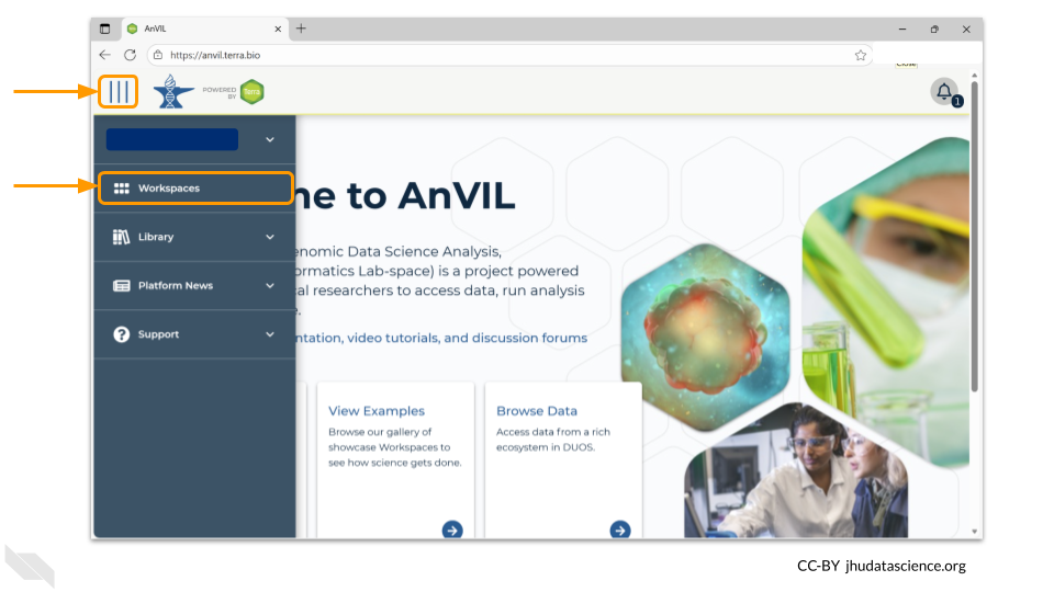 Once you have logged into your AnVIL account, click on workspaces in the left-side menu. You can open this menu by clicking on the three line icon in the upper lefthand corner.