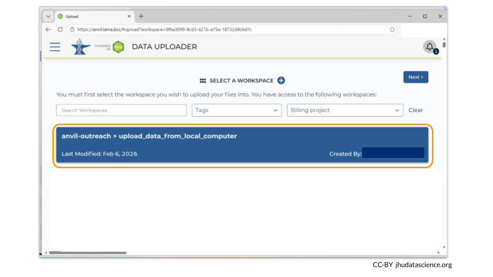 The Data Uploader first asks you to select a workspace. Choose the one you just created.