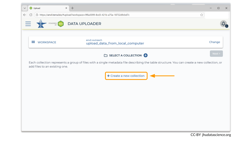 In order to upload data, you will need to create a data collection. This is essentially a directory that contains all the samples described by a single metadata file.