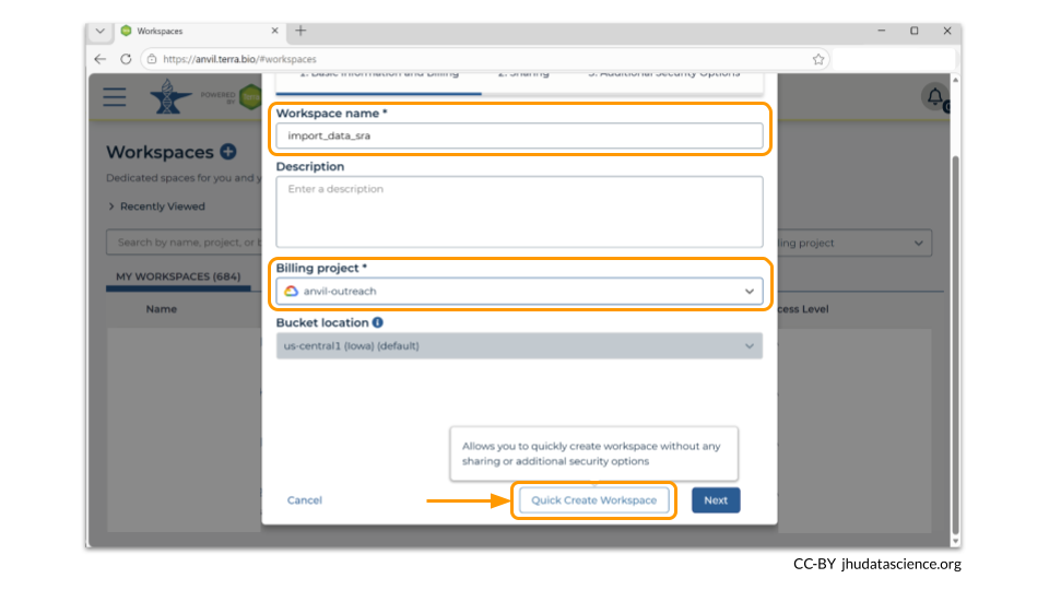 You will need to give your new workspace a unique name and assign it to a billing project. The anvil-outreach billing project is used here as an example, but you don't have permission to use it. You’ll have to use one of your own. After filling out these two fields, click the Quick Create Workspace to create your workspace without enabling sharing or additional security options.