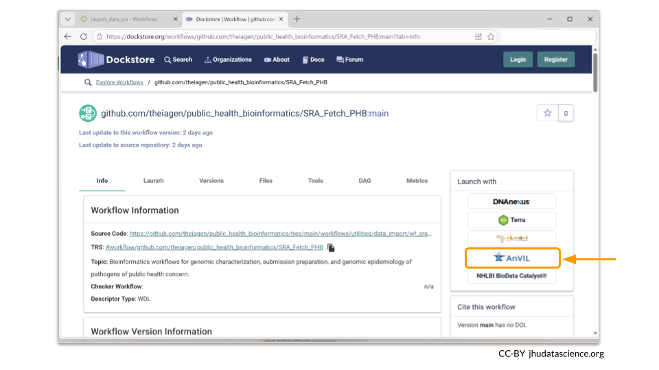 Click on the AnVIL box on the righthand side of the page.