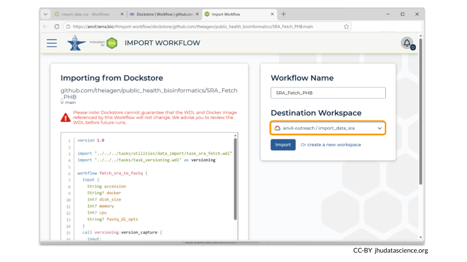 Choose the name of the workspace that you created earlier. Notice that the workspace name starts with the billing project. In our example, the workspace is 'anvil-outreach/import_data_sra'.