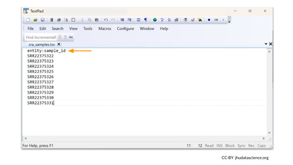 The samples we want to import from SRA are listed in rows in `samples.tsv, Make sure the column header is 'entity:sample_id'.