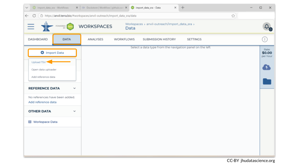 Click on the IMPORT DATA button and Upload TSV option