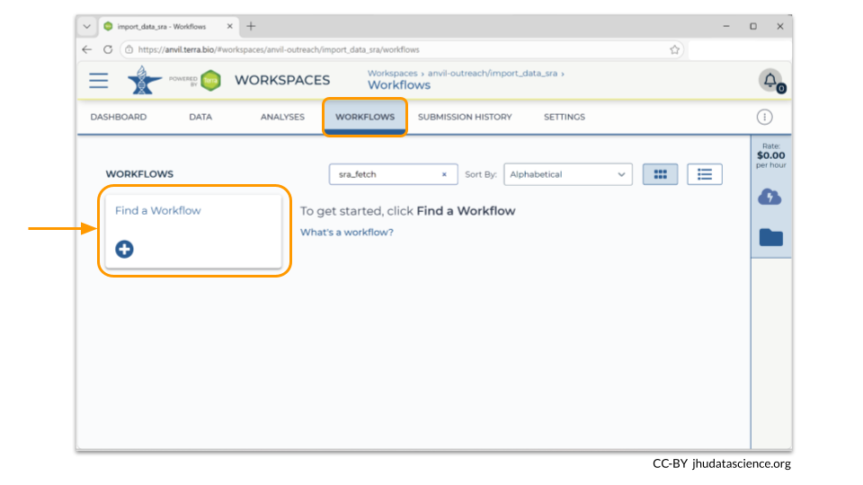 After you navigate to the Workflows tab, click on the Find a Workflow box to get started.
