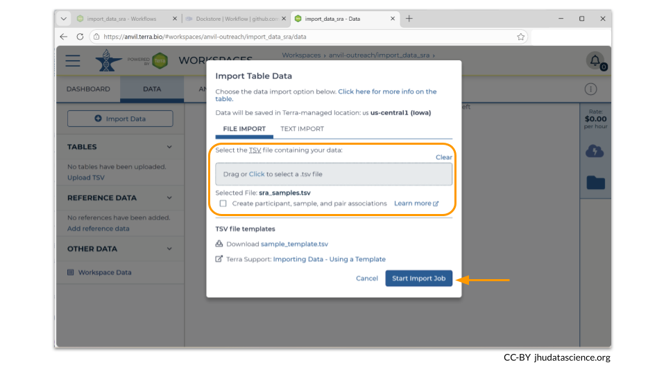 The popup is titled Import Data Table and has the option to click to select a .tsv file