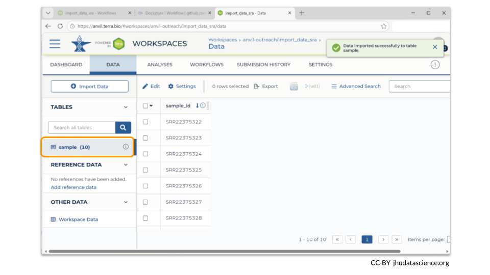 After we have imported the tsv file, the samples table in our workspace will be populated.