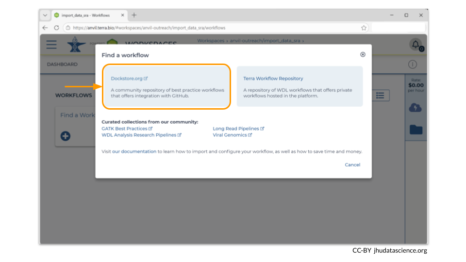 Choose the Dockstore.org option when asked from where you want to import a workflow.