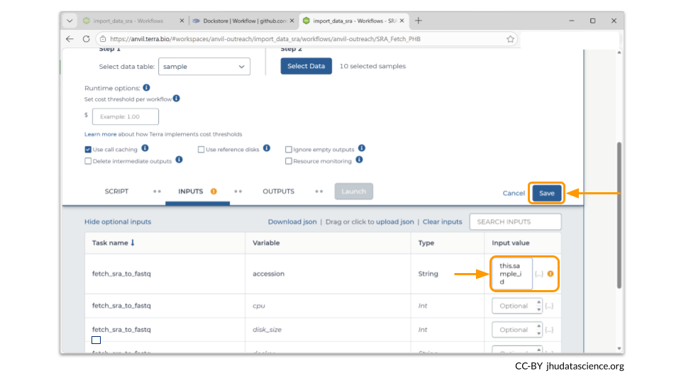 The sample input field for the workflow should be changed to 'this.sample_id' after the samples have been chosen.