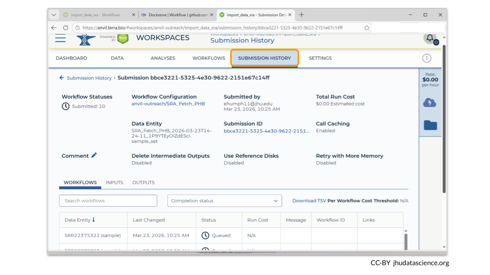 Details about all submitted jobs can be found on the Submission History page.