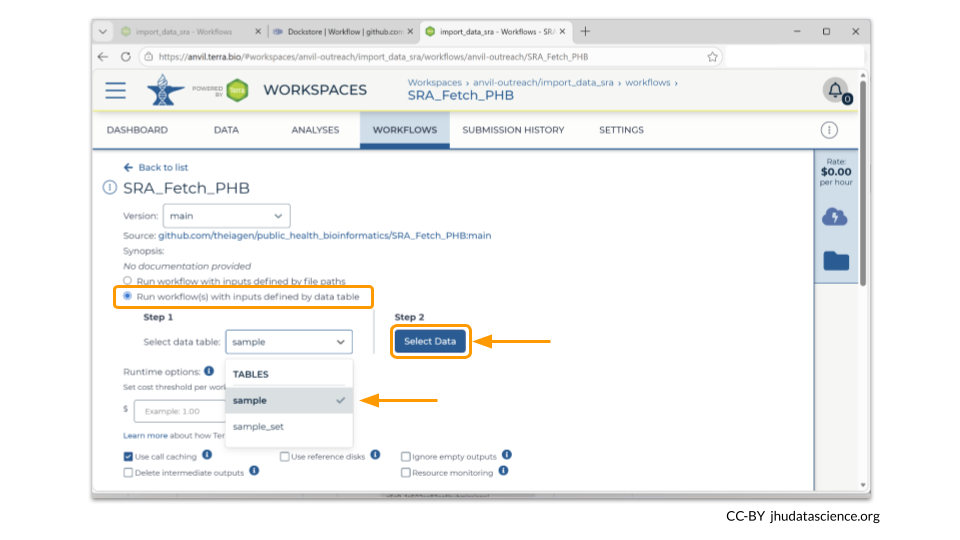 Choose the radio button to select 'Run workflow(s) with inputs defined by data table'. You will be prompted to choose either 'sample' or 'sample_set' from the pulldown menu. Either option will work, but for ease we will choose 'sample'. After making these changes, click the 'Select Data' button under Step 2.