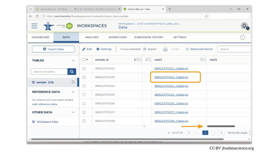 Scroll through the table to see all the metadata, including the name of the FASTQ file. Right-clicking this hyperlink gives you the url of the Google bucket where the sample file is stored.