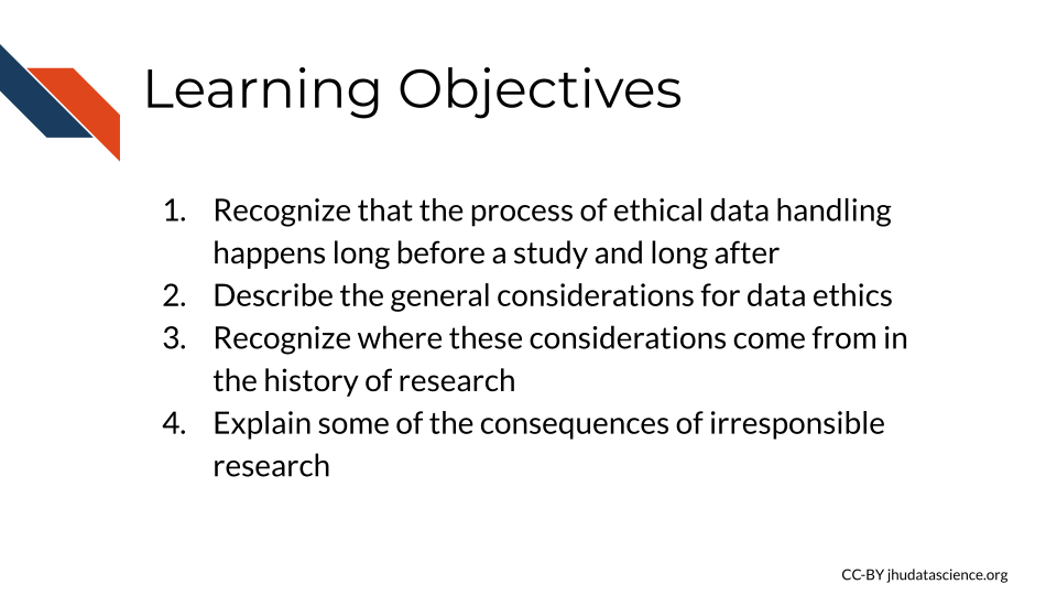 Learning Objectives: 1. Recognize that the process of ethical data handling happens long before a study and long after. 2. Describe the general considerations for data ethics. 3. Recognize where these considerations come from in the history of research. 4. Explain some of the consequences of irresponsible research.